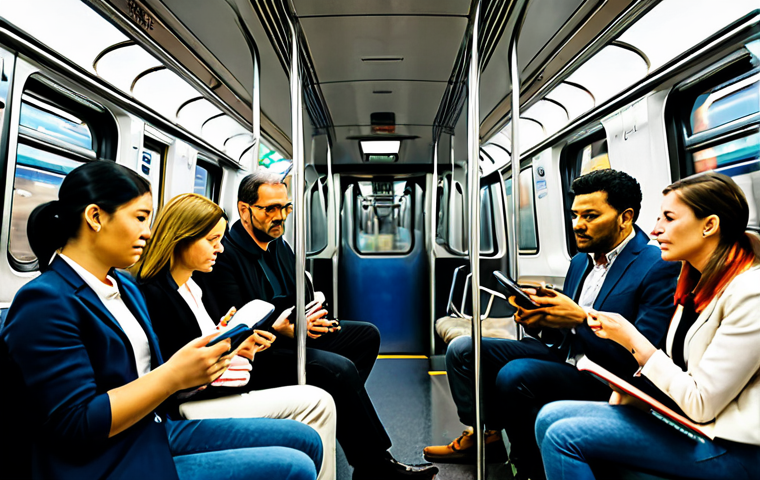 **

"A diverse group of commuters, fully clothed in professional and casual attire, riding a subway train. Some are looking at their phones, some are reading books, and others are looking out the window. The subway car is clean and modern. Focus on the interior details of the train, including the seats, handrails, and advertisements. Safe for work, appropriate content, perfect anatomy, natural proportions, professional, modest, family-friendly, well-formed hands, proper finger count. Image should convey a sense of everyday urban life."

**