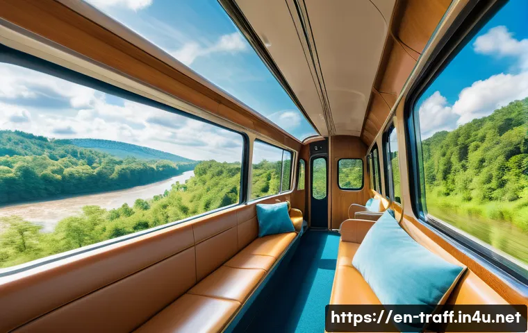 국내 철도 여행 추천 코스 - A panoramic view from inside a modern train carriage with large windows showing a winding river bord...