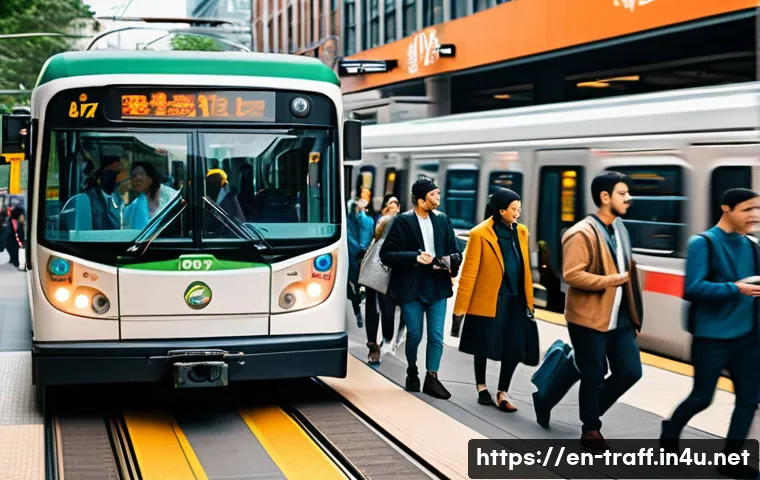버스 환승 할인 계산법 - A busy urban transit scene showing diverse commuters transferring between a city bus and a subway tr...
