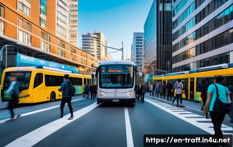 시내버스 노선별 배차 간격 분석 - A bustling urban city street during morning rush hour showing a modern articulated bus arriving at a...