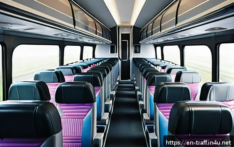 전국 시외버스 예매 방법 - A modern intercity bus interior showing a comfortable, spacious seating arrangement with passengers ...