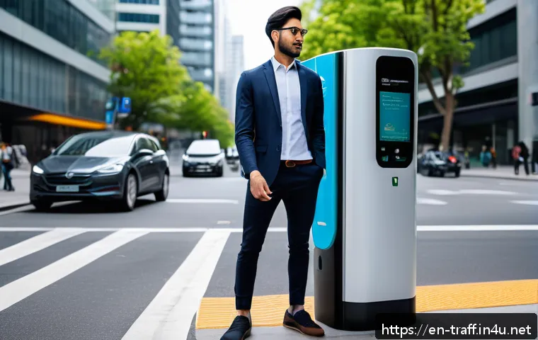 자가용 vs 대중교통 비용 비교 - A detailed urban scene showing a young professional stepping out of a modern electric vehicle parked...